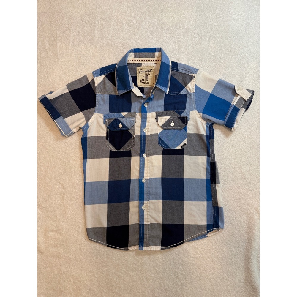 Coastal Boys Blue White Buffalo Plaid Short Sleeve Button Down Shirt Medium